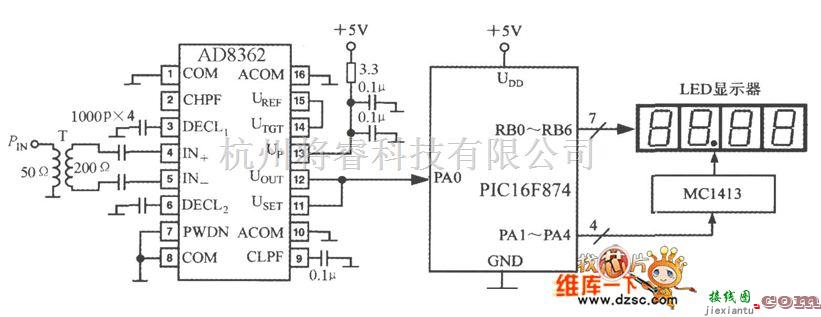 传感器单片系统应用方案中的由单片真有效值功率测量系统AD8362构成真有效值射频功率测量仪电路图  第1张