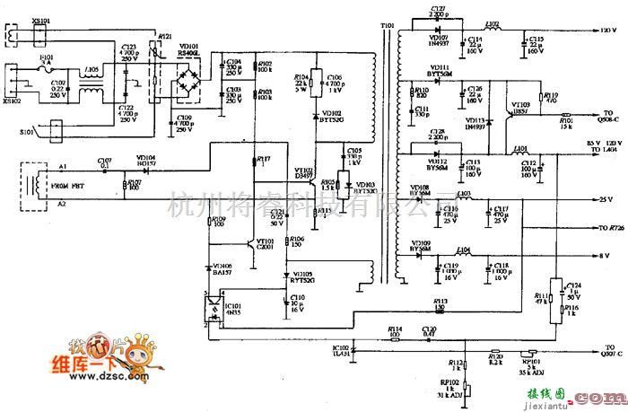 显示器电源中的OPCON CN-1405型显示器的电源电路图  第1张