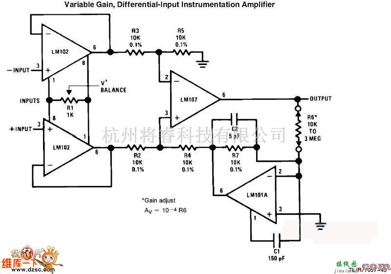 仪表放大器中的增益可调的差动输入仪表放大器电路图  第1张