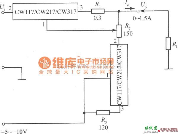 恒流源中的CW117／CW217／CW317构成的输出电流从零调起的恒流源电路图  第1张