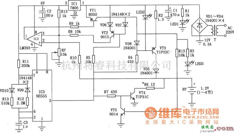 充电电路中的镍镉电池充电器( LM393 )电路图  第1张