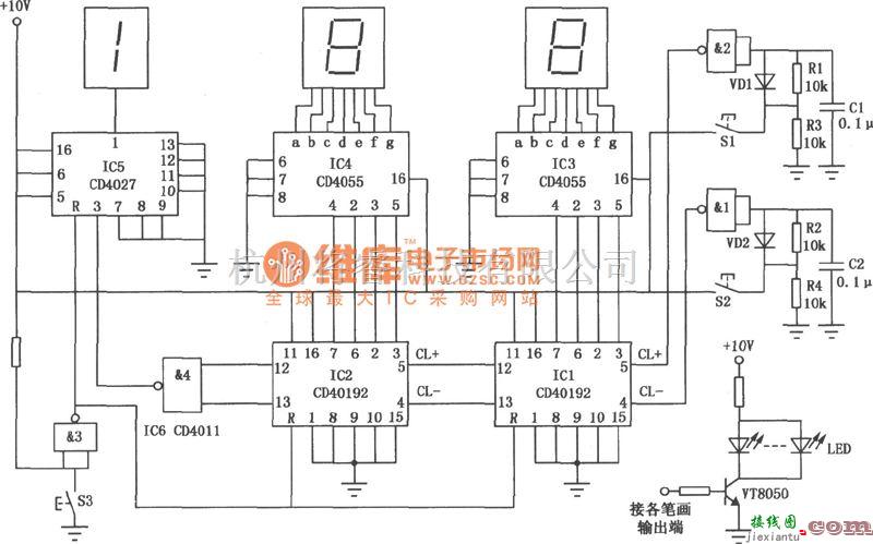 专用测量/显示电路中的球赛计分器(CD4027、CD4055、CD40192)电路图  第1张