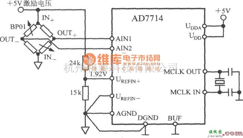 传感信号处理中的由5通道低功耗可编程传感器信号处理器AD7714构成压力测量系统电路图  第1张