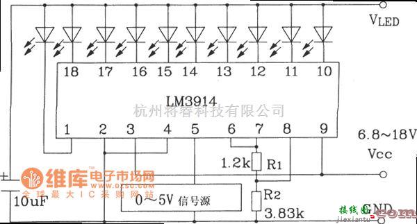 LED电路中的LM3914系列点/线图形LED显示驱动集成电路构成的0～5V线图指示器电路图  第1张