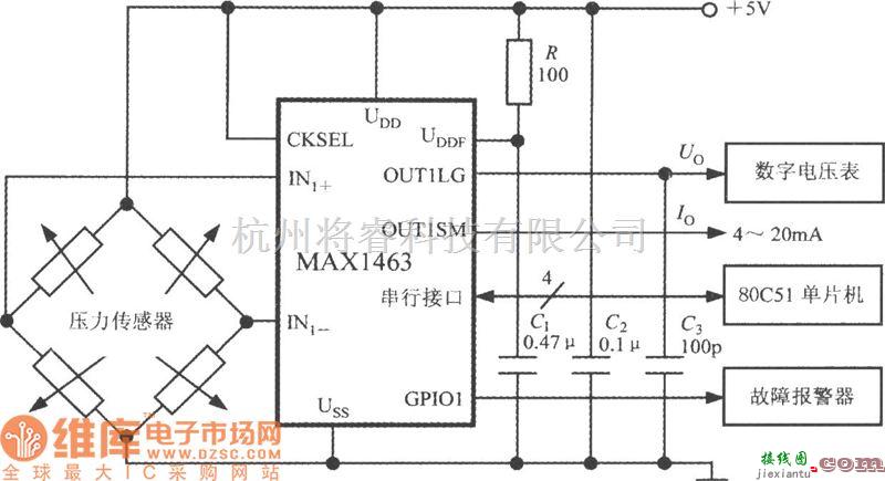 传感信号处理中的由双通道智能化传感器信号处理器MAX1463构成的高精度压力检测系统的电路框电路图  第1张