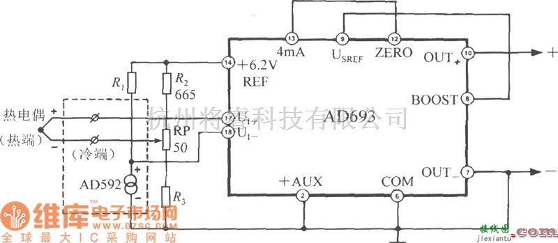 集成电流传感器、变送器中的由多功能传感信号调理器AD693构成的带冷端温度补偿的热电偶测温电路图  第1张