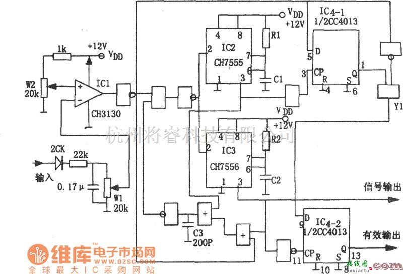 专用测量/显示电路中的信号幅度在给定时限内的检测电路(CH7555、CC4013)电路图  第1张