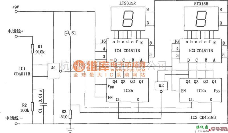 专用测量/显示电路中的电话记录器(CD4511B、CD4518B)电路图  第1张