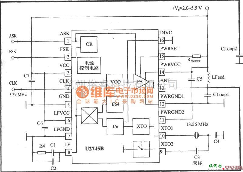 调频信号产生中的ASK/FSK 450～300MHz发射器电路图  第1张