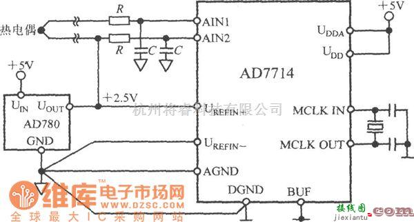 传感信号处理中的由5通道低功耗可编程传感器信号处理器AD7714和热电偶构成的测温电路图  第1张