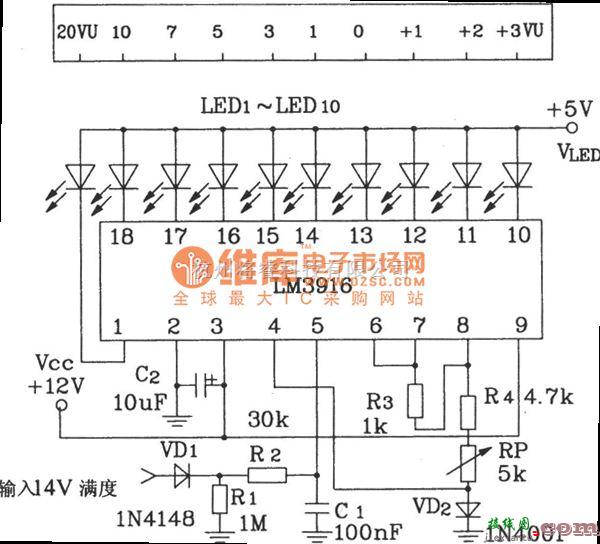 LED电路中的M3916构成VU计电路图  第1张