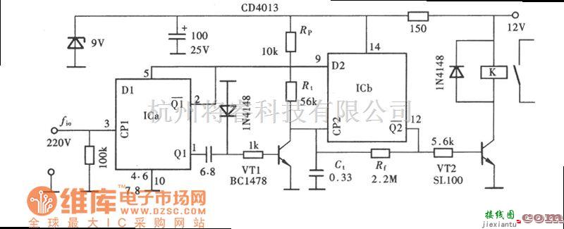 专用测量/显示电路中的用CD4013组成的电源频率检测器电路图  第1张