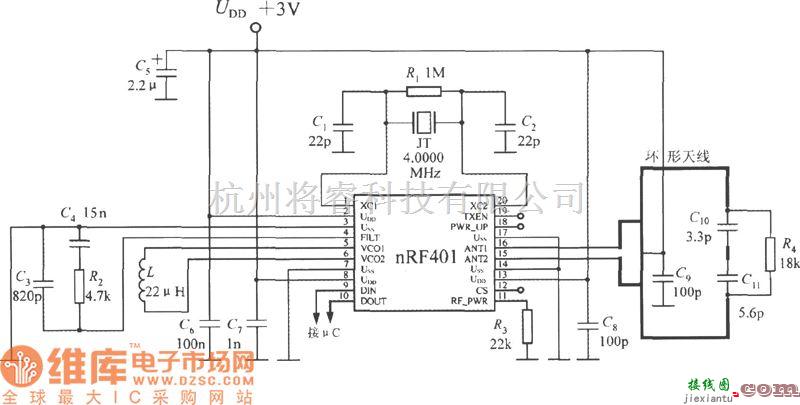 特种集成传感器中的单片射频收发器nRF401的典型应用电路图  第1张