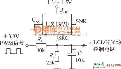 特种集成传感器中的由可见光亮度传感器LX1970构成的亮度调节电路图  第1张