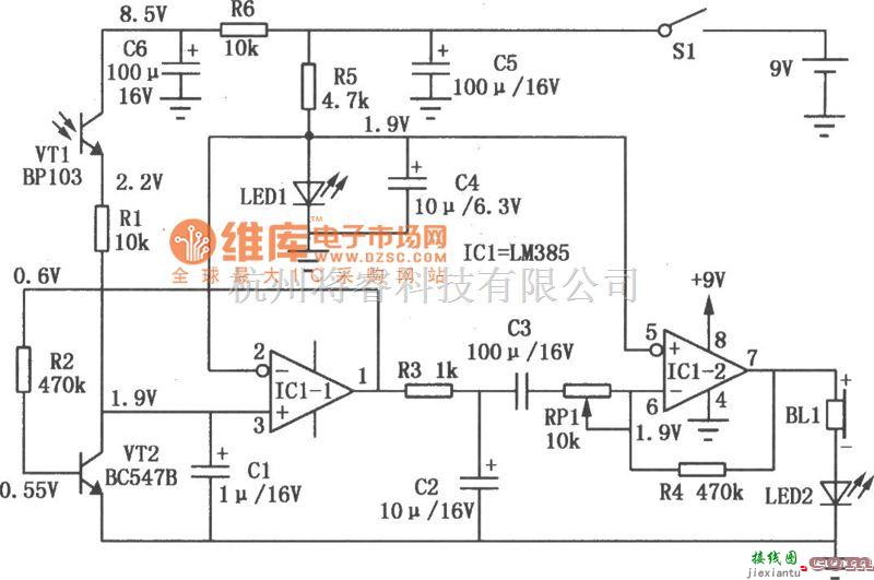 专用测量/显示电路中的人员接近探测器(LM385)电路图  第1张