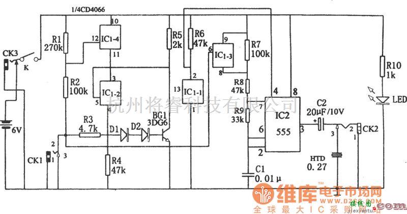 专用测量/显示电路中的五用途三态声频逻辑笔(CD4066、555)电路图  第1张