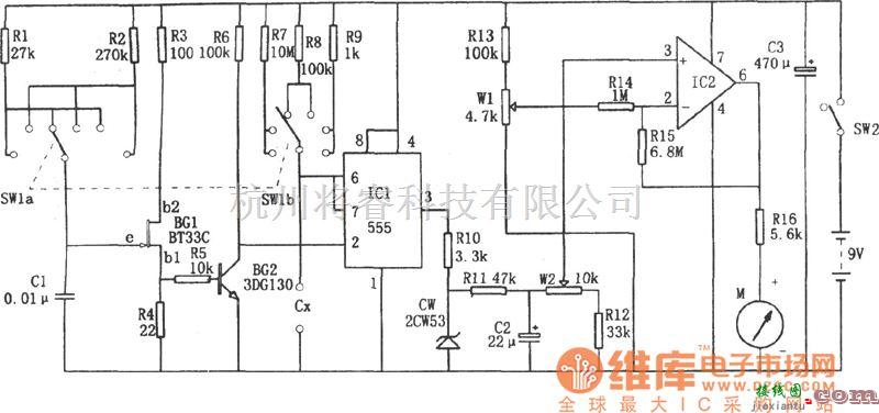 专用测量/显示电路中的555构成的直流式电容测试仪电路图  第1张