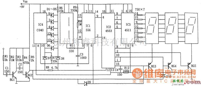 专用测量/显示电路中的收音机数字式频率显示器(C040、556)电路图  第1张