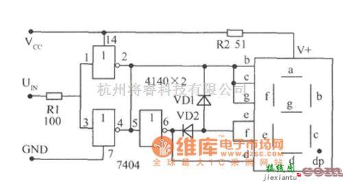 LED电路中的TTL六非门7404组成的电平测试电路图  第1张