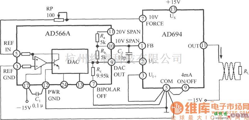 集成电流传感器、变送器中的多功能传感信号调理器AD694用作数／模转换器(DAC)的电流环接口电路图  第1张