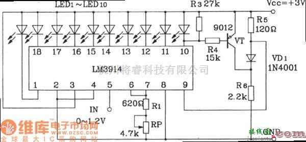 LED电路中的LM3914构成点显示、线溢出的LED显示电路图  第1张