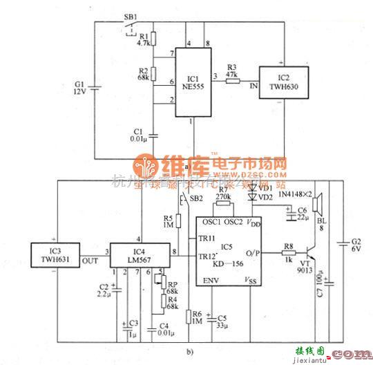 遥控电路（综合)中的无线电遥控门铃电路原理图  第1张