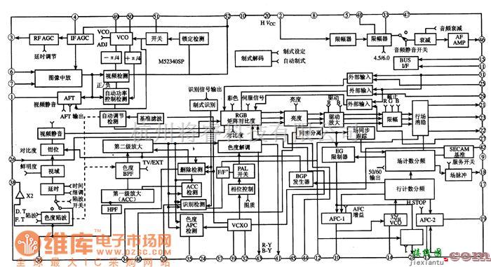 微机电路中的M52340SP集成电路的内电路方框电路图  第1张