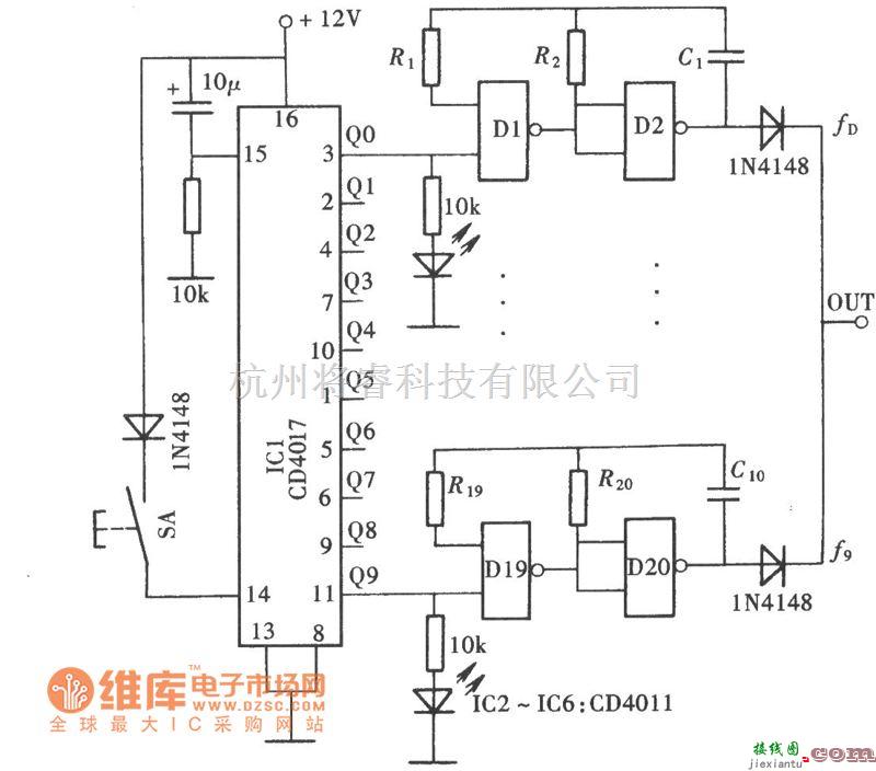 信号发生中的十挡频率信号发生器(CD4011、CD4017)电路图  第1张