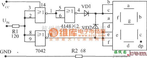 LED电路中的使用TTL或非门接成反相器配用共阴极数码管构成的电平测试电路图  第1张