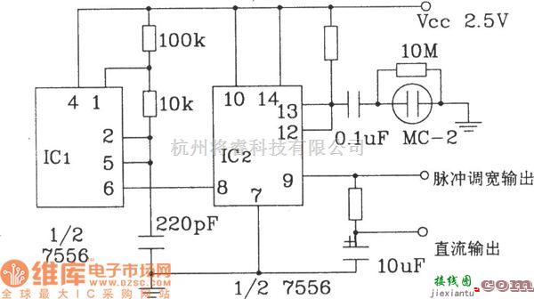 湿敏电路中的MC-2电容式湿敏元件应用电路图  第1张