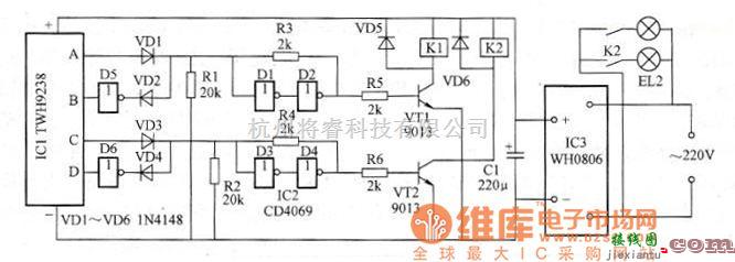 遥控电路（综合)中的采用TWH9236/9238的双通道无线电遥控照明灯电路图  第1张