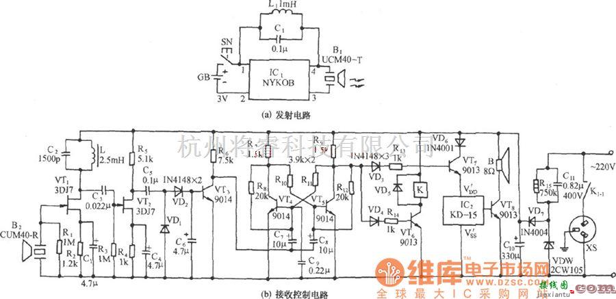 专用测量/显示电路中的超声波遥控开关伴乐曲发声电路图  第1张