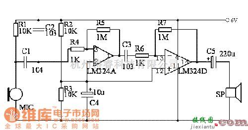专用测量/显示电路中的用四运放LM324制作高灵敏度声音探听器电路图  第1张