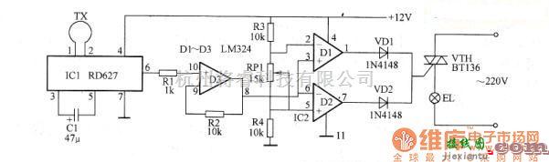 灯光控制中的采用RD627的微波探测延时照明灯电路图  第1张