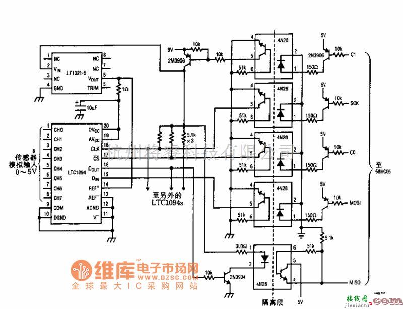 耦合隔离放大电路中的光隔离数据采集系统电路图  第1张