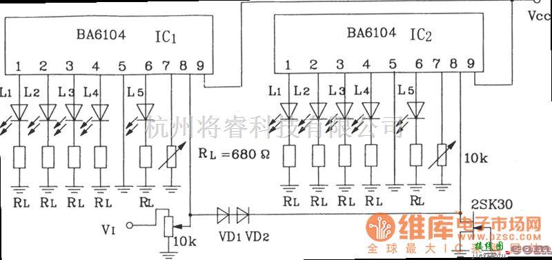 LED电路中的2块BA6104五位LED电平表驱动集成电路构成的10点LED电平显示电路图  第1张