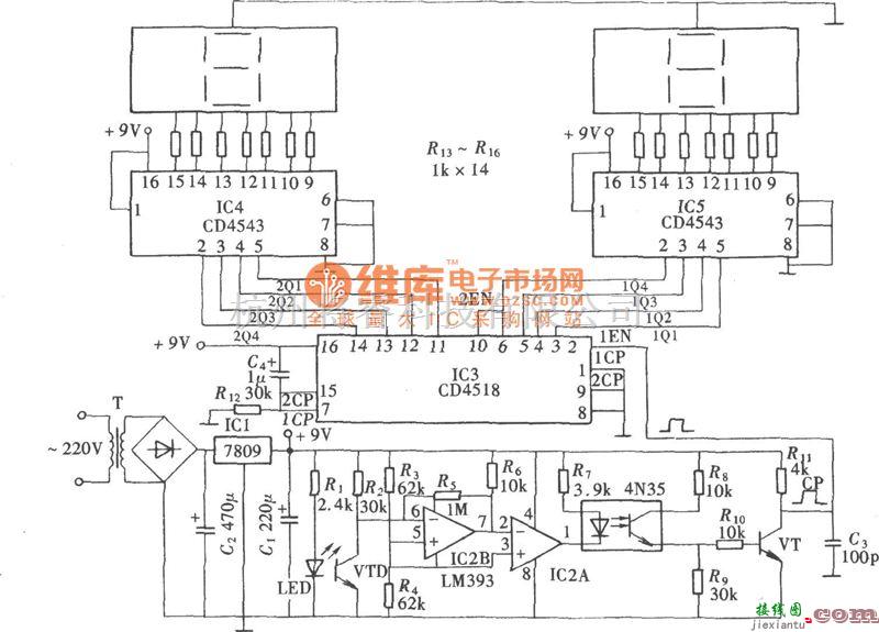 专用测量/显示电路中的数字式光电计数器电路图  第1张