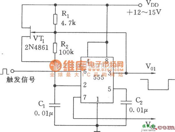 脉冲信号产生器中的两路输出负向定时脉冲电路(555)电路图  第1张