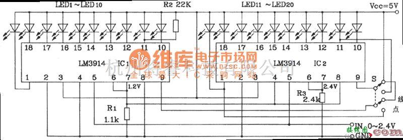 LED电路中的两块LM3914构成的20位LED点/线转换显示电路图  第1张