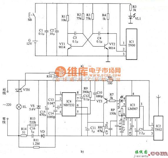 遥控电路（综合)中的采用7930/932的无线电遥控调光灯电路原理图  第1张