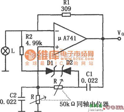 文氏信号产生中的μA741构成的频率可调的音频振荡器电路图  第1张