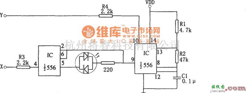 专用测量/显示电路中的556构成的简易二线逻辑状态判别器电路图  第1张