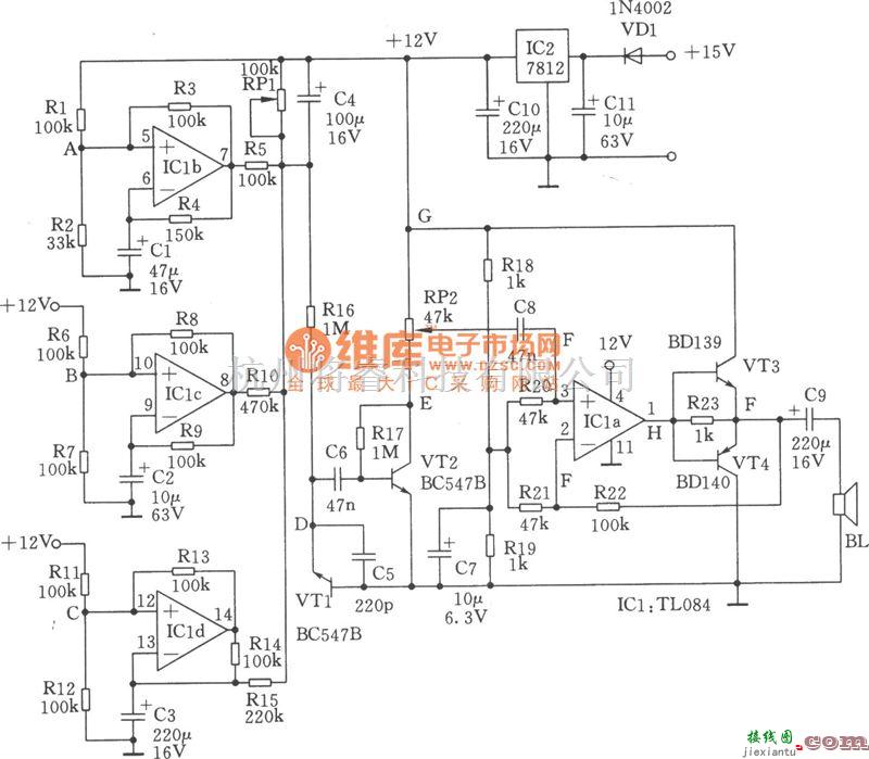 多谐振荡产生中的简易型海浪声发生器电路图  第1张