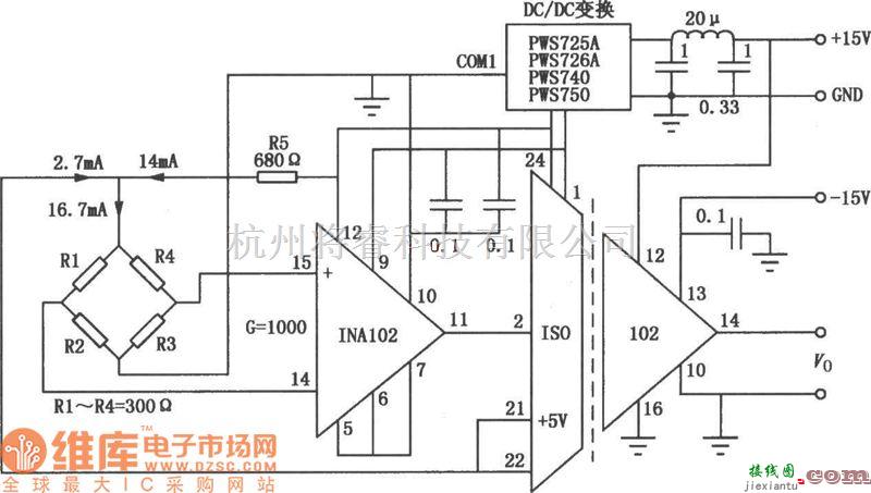 基础电路中的精密电桥隔离测量放大电路图  第1张