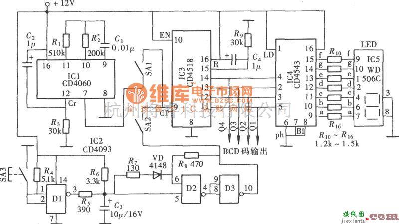 信号发生中的数字显示式时钟信号源(CD4543、CD4060、CD4518)电路图  第1张