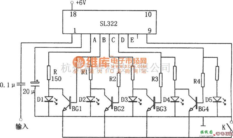 专用测量/显示电路中的SL322构成的可伸缩、光点显示的电平指示器电路图  第1张