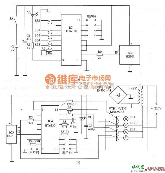 遥控电路（综合)中的无线电遥控变色旋转灯电原理图  第1张