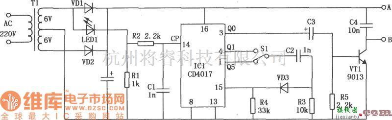 专用测量/显示电路中的CD4017构成的变频式电磁打点计时器电路图  第1张