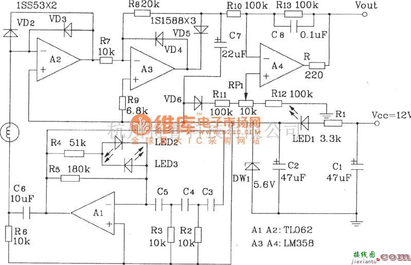 湿敏电路中的阻抗式湿敏元件简单应用电路图  第1张