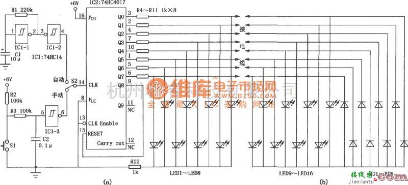 专用测量/显示电路中的简易电缆速查仪(74HC4017)电路图  第1张